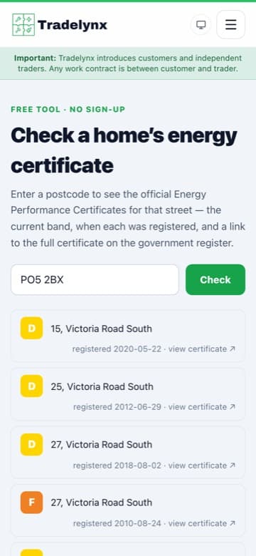 The free EPC checker on a phone, showing real certificates for a Portsmouth postcode