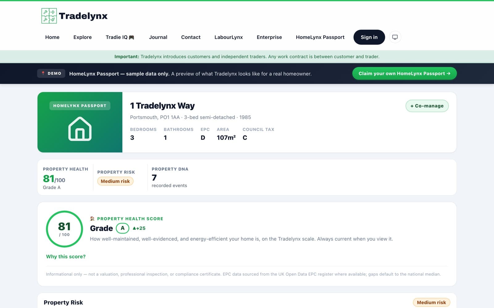 The HomeLynx Passport: property health score, verified work history and property facts for a sample home