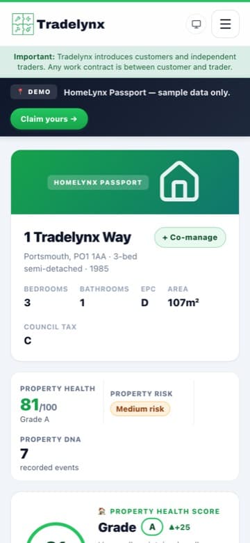 The HomeLynx Passport on a phone: the same sample property, mobile view