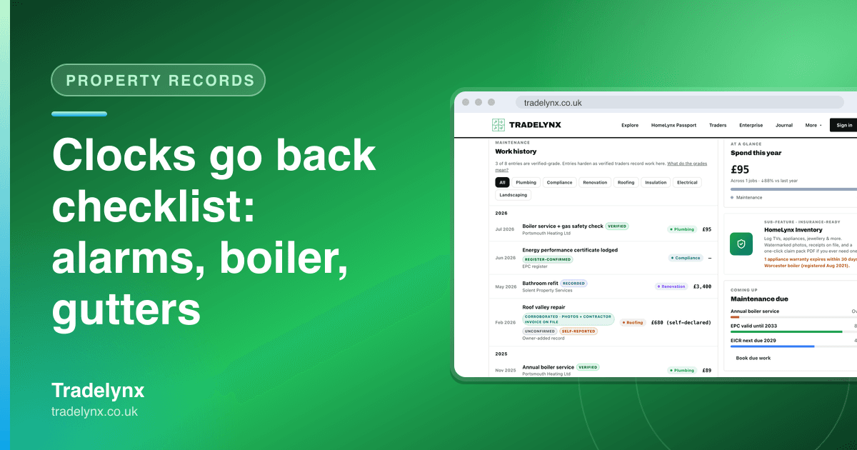 Property records · "Clocks go back checklist: alarms, boiler, gutters"