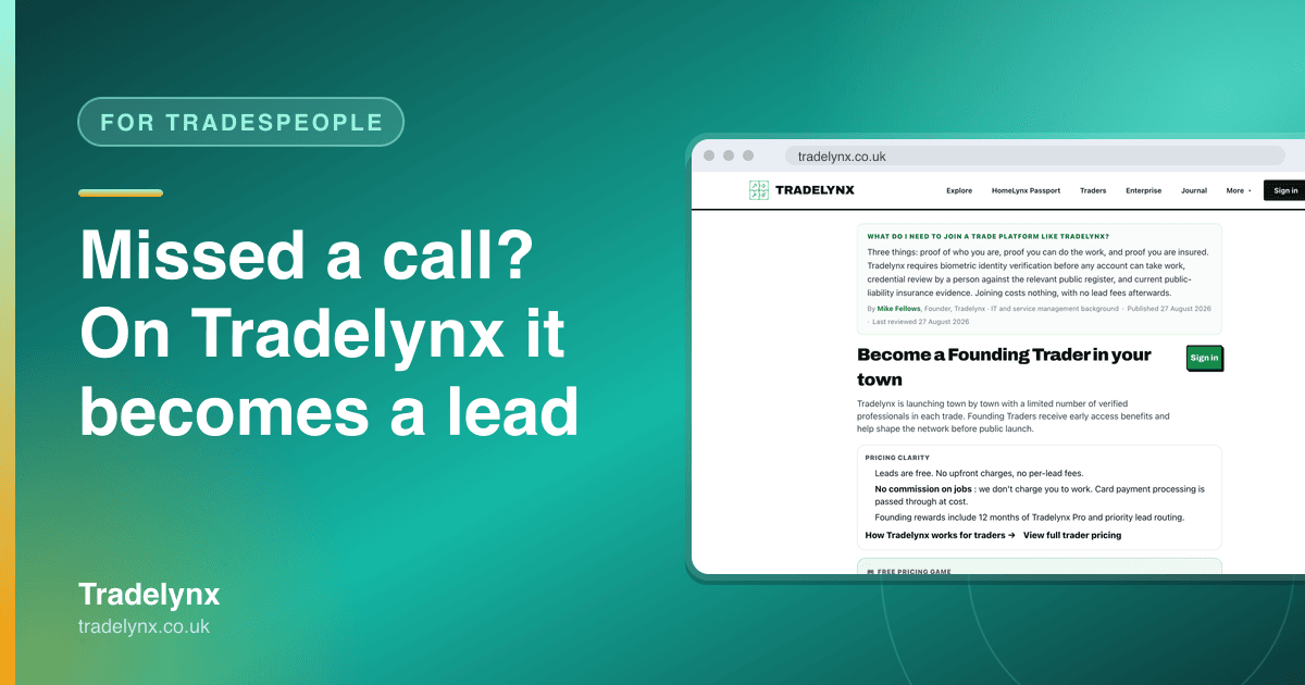 For Tradespeople · "Missed a call? On Tradelynx it becomes a lead"