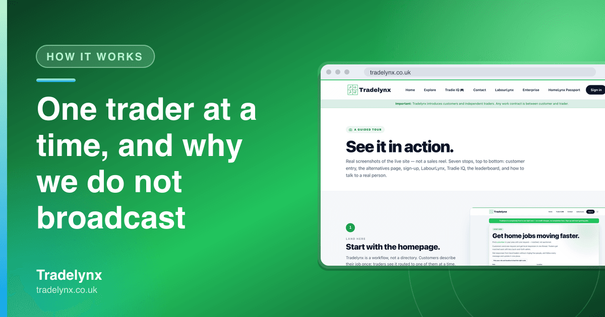 How it works — One trader at a time, and why we do not broadcast
