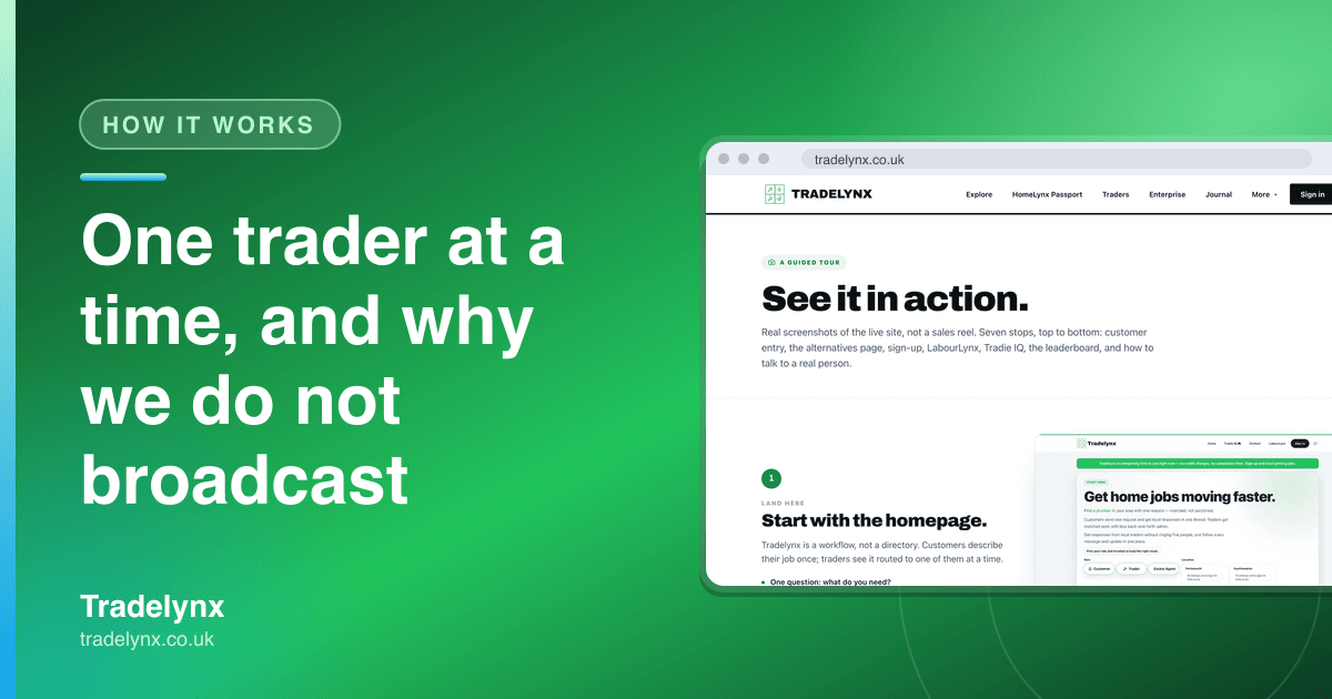 How it works · One trader at a time, and why we do not broadcast