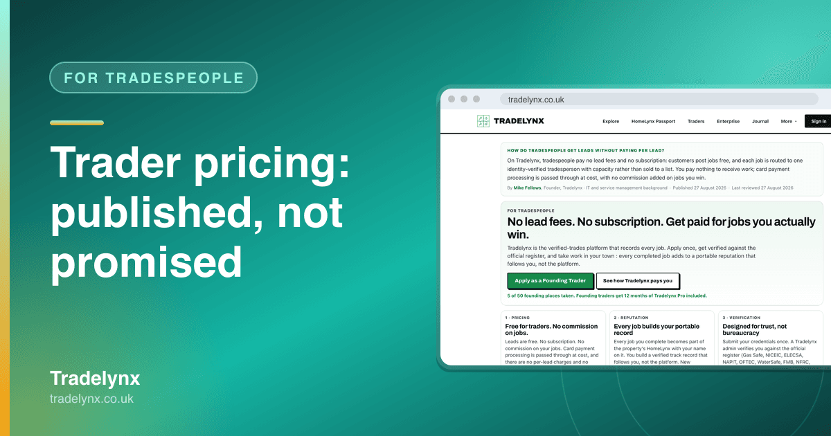 For Tradespeople · "Trader pricing: published, not promised"