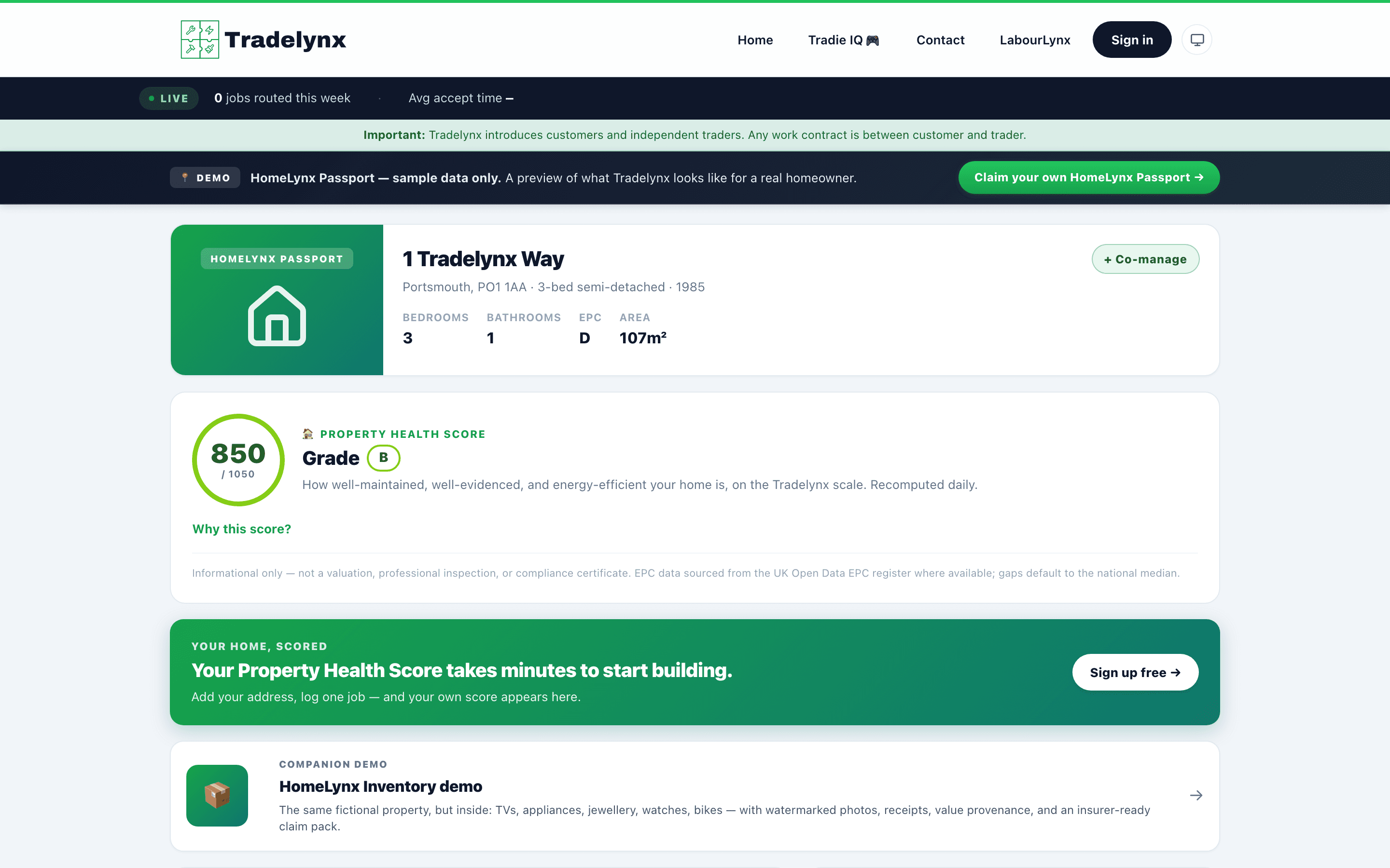 Screenshot of a sample HomeLynx Passport showing the Property Health Score breakdown and verified service entries for a 3-bed semi-detached home in Portsmouth.